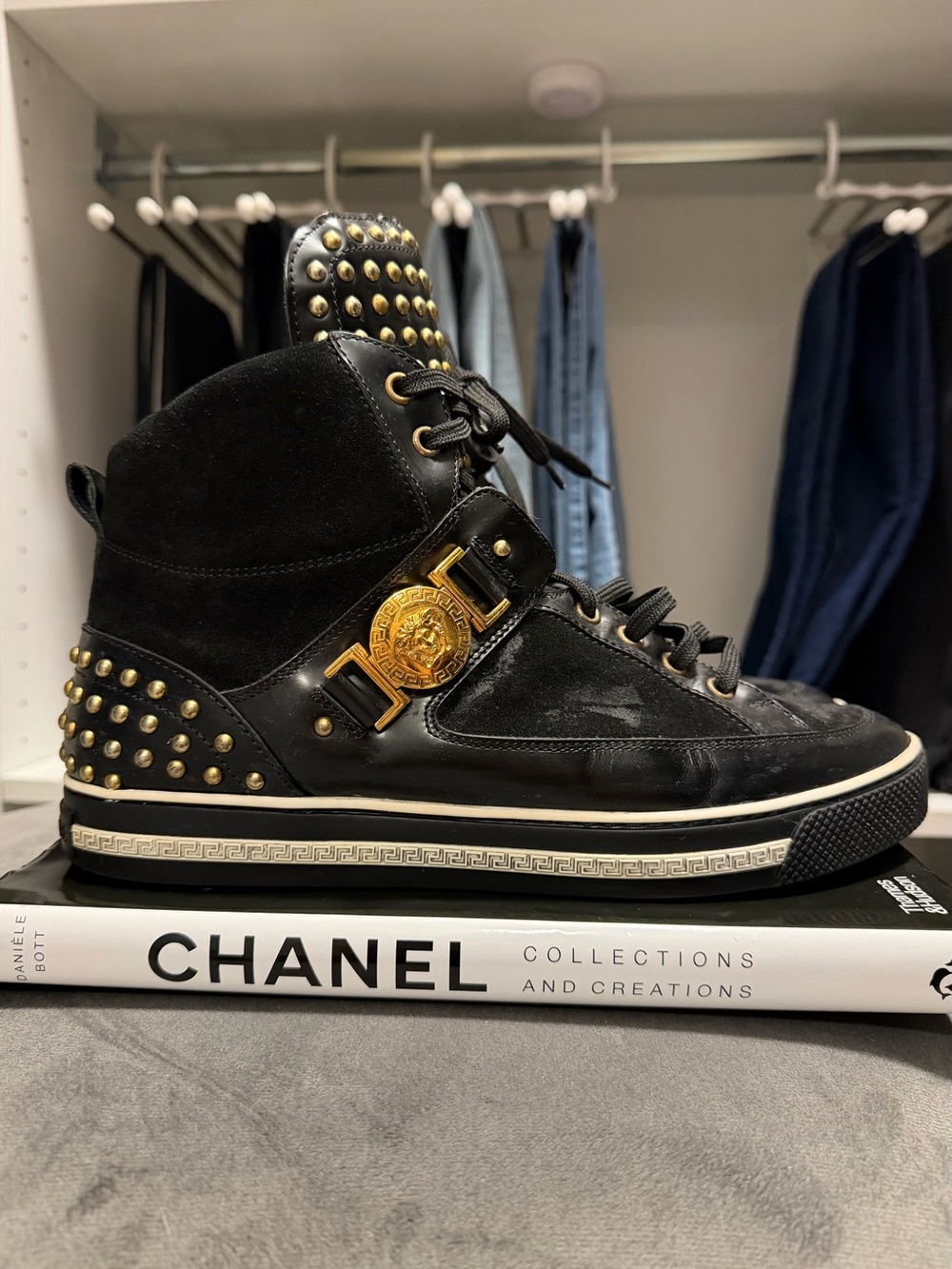 Versace Black and Gold Studded High-Top Sneaker